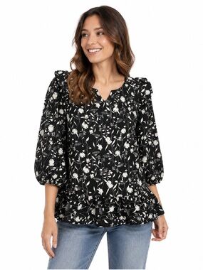 Anthropologie W5 Blouse L Black Floral Ruffle 34 Sleeve Flowy Lightweight Boho